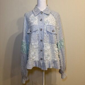 POL S Light Blue Lace Embroidered Floral Pearl Jacket Top